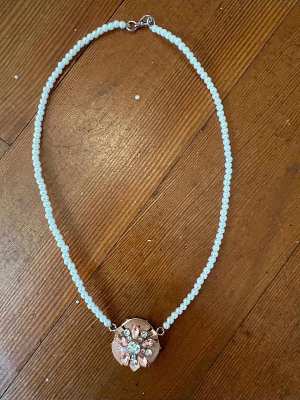 Hand-Crafted Pearl Necklace with Pink Floral Crystal Pendant